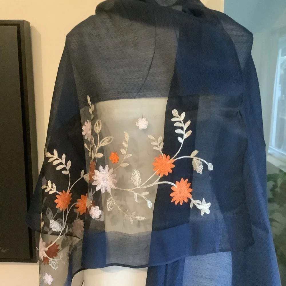 New Thai Silk Floral Embroidered Sheer Scarf